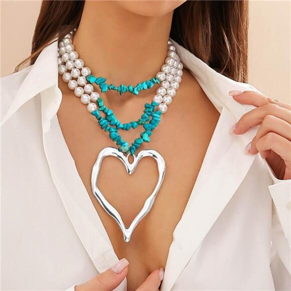 Layered Pearl Heart Necklace | Romantic Ocean-Inspired Jewelry | Elegant Gift - Picture 2 of 5